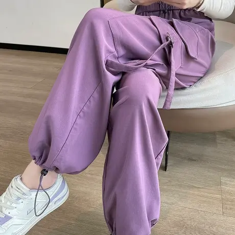 束脚工装裤女春秋季新款显瘦小个子宽松休闲运动紫色阔腿直筒裤子商品大图