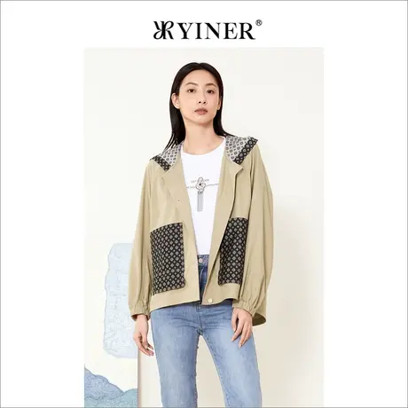 音儿美地女装2022秋季新款单排扣连帽宽松拼接短外套商品大图