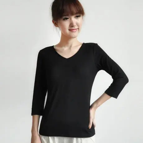 T恤女免穿文胸七分袖莫代尔V领打底衫春秋新款韩版修身带胸垫上衣图片