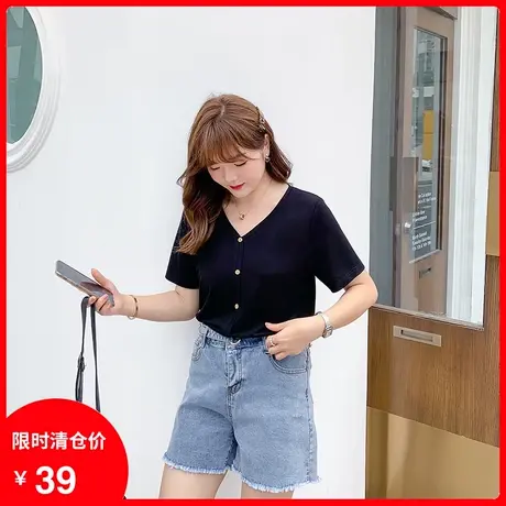 2023夏季新款大码针织短袖女修身夏胖mm上衣显瘦遮肉短款纯色百搭图片