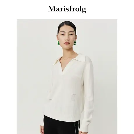 【学院风针织衫】玛丝菲尔冬季新款白色POLO领镂空刺绣毛衣图片