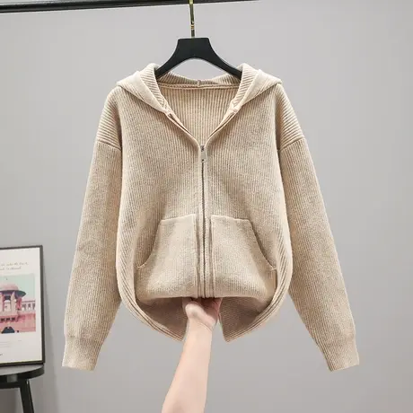 2023春秋新款韩版宽松连帽衫纯色长袖针织衫拉链毛衣开衫外套女士图片