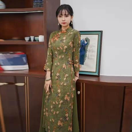 改良旗袍新款年轻款气质连衣裙女盘扣中年妈妈装中式长裙女装图片