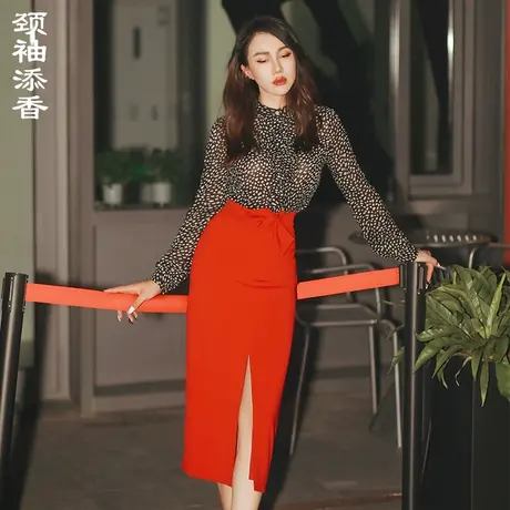 颈袖添香秋冬新款黑白波点时尚衬衣桑蚕丝雪纺衫衬衫女长袖上衣商品大图