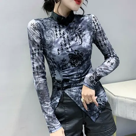不规则开叉长袖T恤复古印花上衣紧身内搭网纱加绒打底衫女秋冬潮商品大图