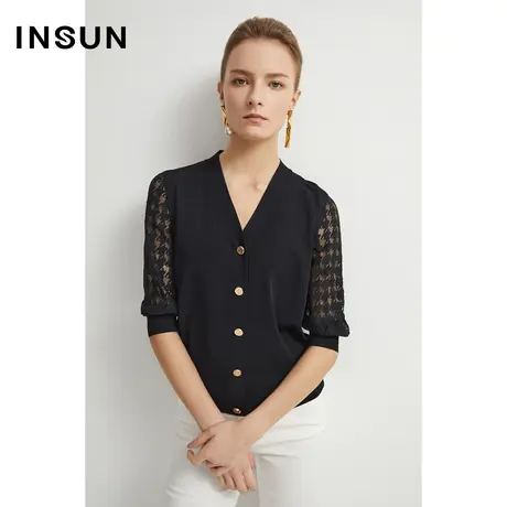 INSUN恩裳线上专选夏季拼接袖网纱凉感毛针织衫商品大图