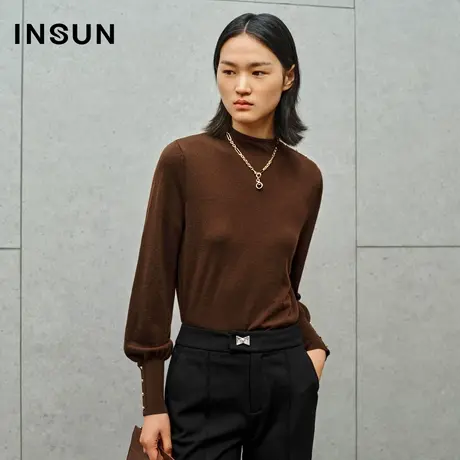 INSUN恩裳线上专选秋季半高领澳羊毛灯笼袖针织衫图片