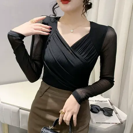 性感黑色网纱T恤女长袖春秋2024新款紧身交叉V领上衣百搭气质小衫图片