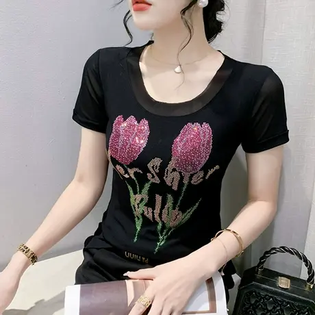 时尚网纱短袖T恤女欧货气质重工烫钻小衫百搭半袖ins别致修身上衣商品大图