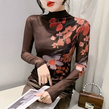 气质高领印花T恤女长袖性感网纱加绒加厚打底衫时尚减龄修身上衣商品大图