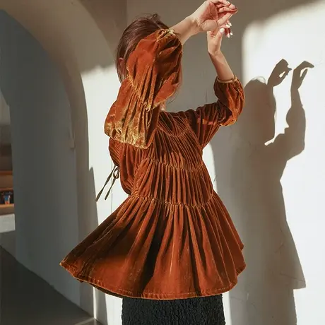 灯笼袖真丝丝绒上衣秋装女2023新款设计感高端复古气质金丝绒T恤商品大图