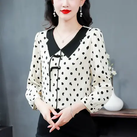 波点娃娃雪纺衬衫女2023年秋装新款时尚中国风盘扣减龄洋气遮肚子图片