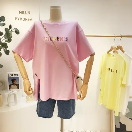 小众设计感短袖2021夏款韩国东大门百搭字母开叉t恤宽松大码显瘦商品大图