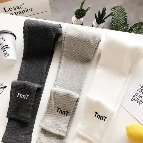 2020春夏款韩国东大门chic简单刺绣字母螺纹打底裤高腰九分裤大码图片