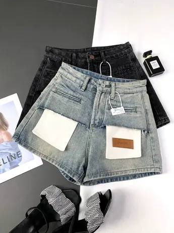 韩版口袋牛仔短裤女2023夏季新款显瘦百搭高腰a字裤设计感阔腿裤商品大图