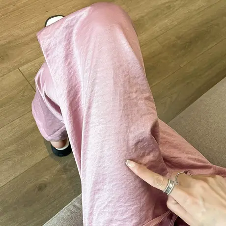 粉色抽绳窄版阔腿裤女夏季宽松直筒薄款冰丝高腰垂感休闲拖地裤子商品大图