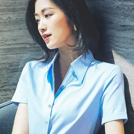 雀后蓝色衬衫女短袖职业2023夏季新款V领工装上衣工作服抗皱衬衣商品大图