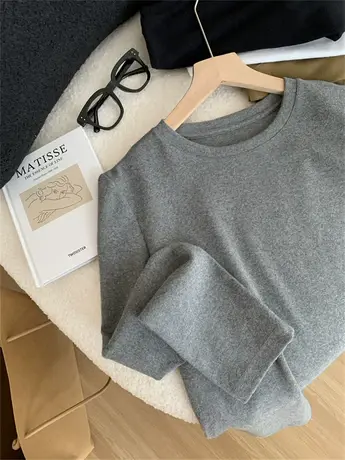 秋冬必入基础款简约长袖女士磨毛宽松T恤亲肤圆领纯色打底衫上衣图片