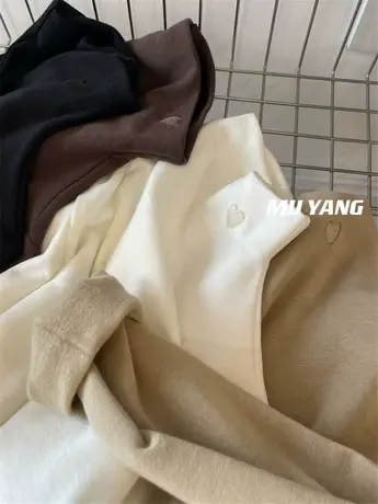 爱我所爱！韩系 内里薄绒 半高领刺绣爱心长袖打底衫T恤女冬装商品大图
