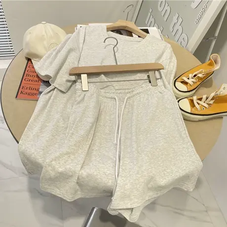港风套装女复古chic夏季短袖宽松显瘦休闲运动阔腿短裤时尚两件套图片
