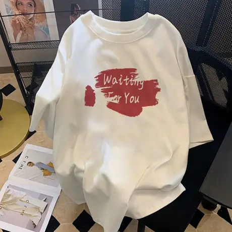 韩版卡通字母t恤女白色纯棉圆领胖mm显瘦遮肉设计感小众短袖ins潮商品大图