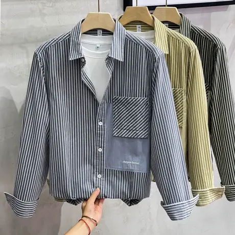条纹撞色拼接衬衣男长袖宽松潮流高级感男装休闲男士衬衫春秋新款商品大图