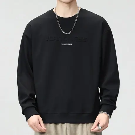 男装早春潮牌套头宽松长袖上衣服春秋款重磅黑色圆领卫衣春季春装商品大图