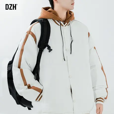 男生白色假两件棉服男款冬季加厚休闲连帽棉衣外套2023年新款上衣商品大图