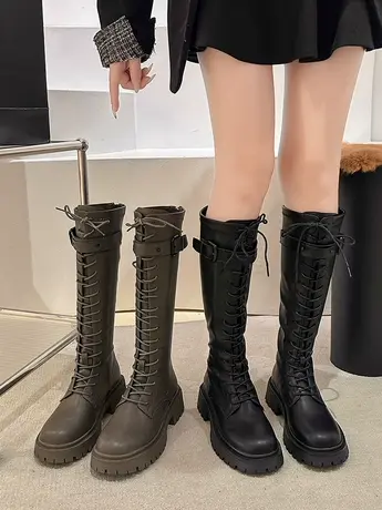 不过膝长靴女秋季新款绑带厚底长筒靴后拉链中高筒机车靴女骑士靴商品大图