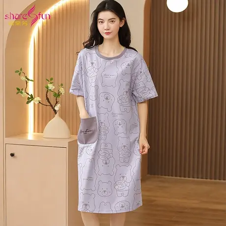 sharefun/霞黛芳【100%棉】圆领短袖睡衣女舒适宽松睡裙大码居家图片