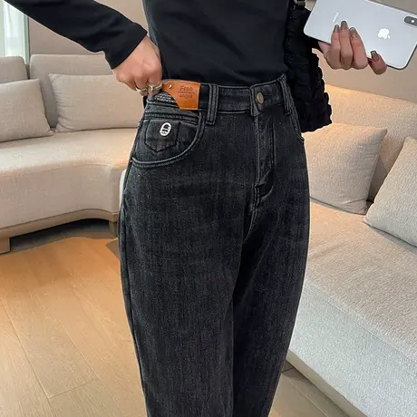 加绒哈伦牛仔裤女冬季2023新款高腰显瘦萝卜裤小个子加厚老爹裤子商品大图