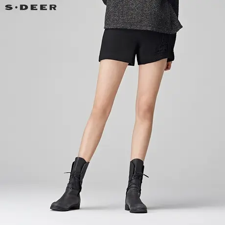 sdeer圣迪奥2018冬新品酷黑知性镂空线迹装饰毛呢短裤女S17480973商品大图