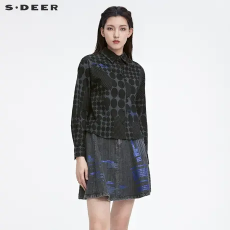 sdeer圣迪奥22春夏新品个性翻领撞色印花字母宽松衬衫女S22160502图片