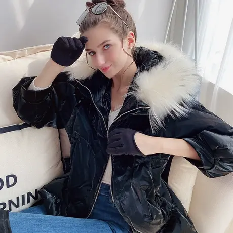 【直播】粉红大布娃娃灯笼袖毛领中长款收腰加厚保暖羽绒服女商品大图