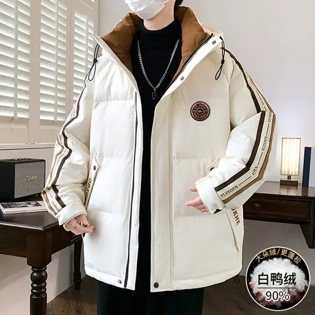 美式炸街短款羽绒服男士冬季新款潮牌拼接连帽外套保暖加厚防寒服商品大图