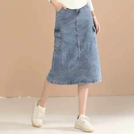 韩潮袭人高腰牛仔半身裙子女2024春装新款中长开叉A字工装裙薄图片