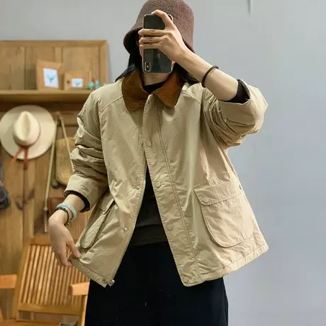 dza 复古灯芯绒翻领大口袋加厚棉服外套女冬新款宽松拼接棉衣上衣图片