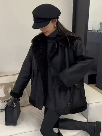 韩版短款翻领羊羔毛外套2023冬季新款设计感宽松显瘦加厚外套潮款商品大图