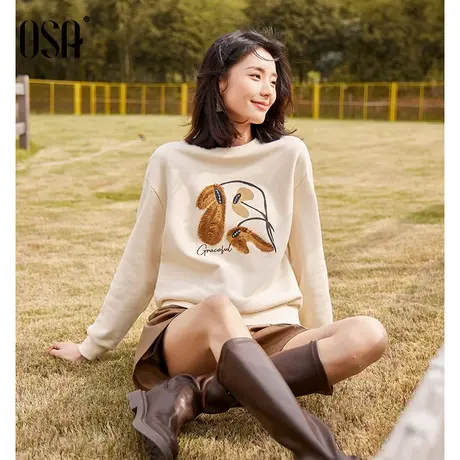 OSA欧莎加绒加厚短款印花套头磨毛卫衣女秋冬季2023年新款小个子商品大图