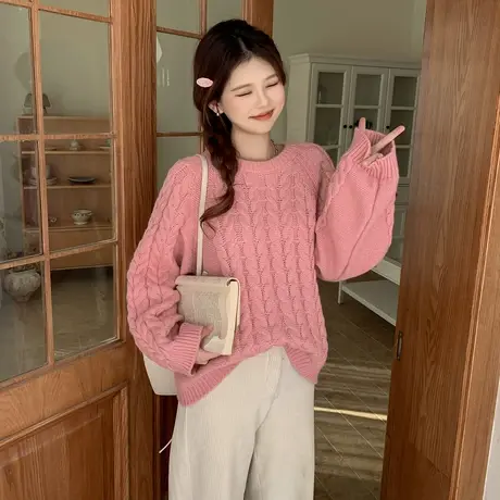OtherMix 重工麻花圆领毛衣女2023秋冬新款宽松针织内搭外穿上衣商品大图