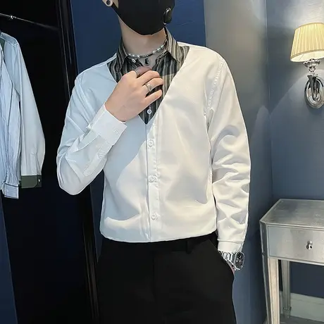 条纹拼接假两件长袖衬衫2023秋季新款拼色潮流上衣发型师休闲衬衣商品大图