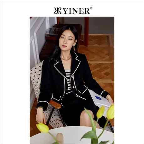 *YINER音儿奥莱女装2022春季新款撞色西装领羊毛呢短外套商品大图