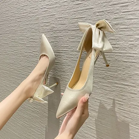 尖头单鞋女设计感小众2024年春季新款蝴蝶结镂空法式细跟高跟鞋子商品大图