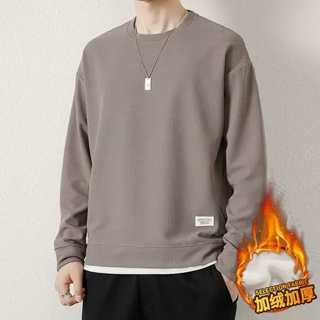 华夫格长袖T恤男秋冬季潮流圆领套头上衣加绒加厚内搭打底衫卫衣商品大图