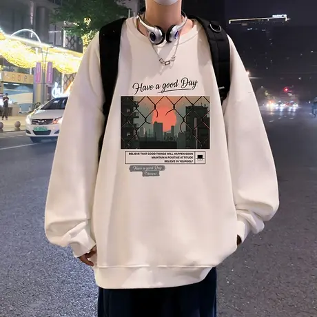 落日设计感卫衣男春秋季2024新款美式高街潮牌打底衫男装圆领宽松图片