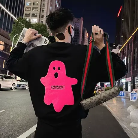 休闲卫衣男2023春秋季新款幽灵设计感ins秋装外套情侣长袖T恤打底商品大图