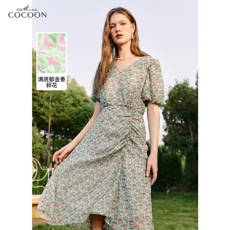 MISSCOCOON法式抽褶设计感连衣裙女装2023夏装新款V领中长款裙子图片