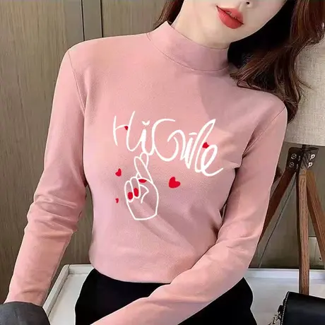 半高领打底衫女德绒内搭长袖T恤2024秋冬季修身显瘦纯色基础上衣商品大图