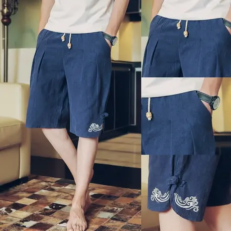 中国风唐装男亚麻裤子夏季男装哈伦裤大码棉麻短裤宽松阔腿五分裤图片