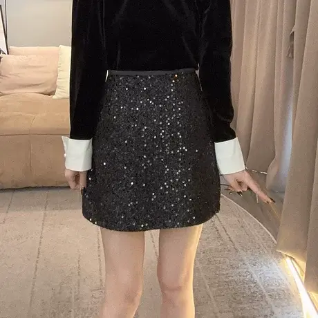 韩版高腰显瘦A字小香风亮片黑色半身裙女设计感百搭短裙2023冬季商品大图